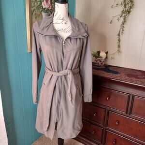 Synergy Organic Cotton Full Zip Belted Long Jacket Funnel Neck Green Size M